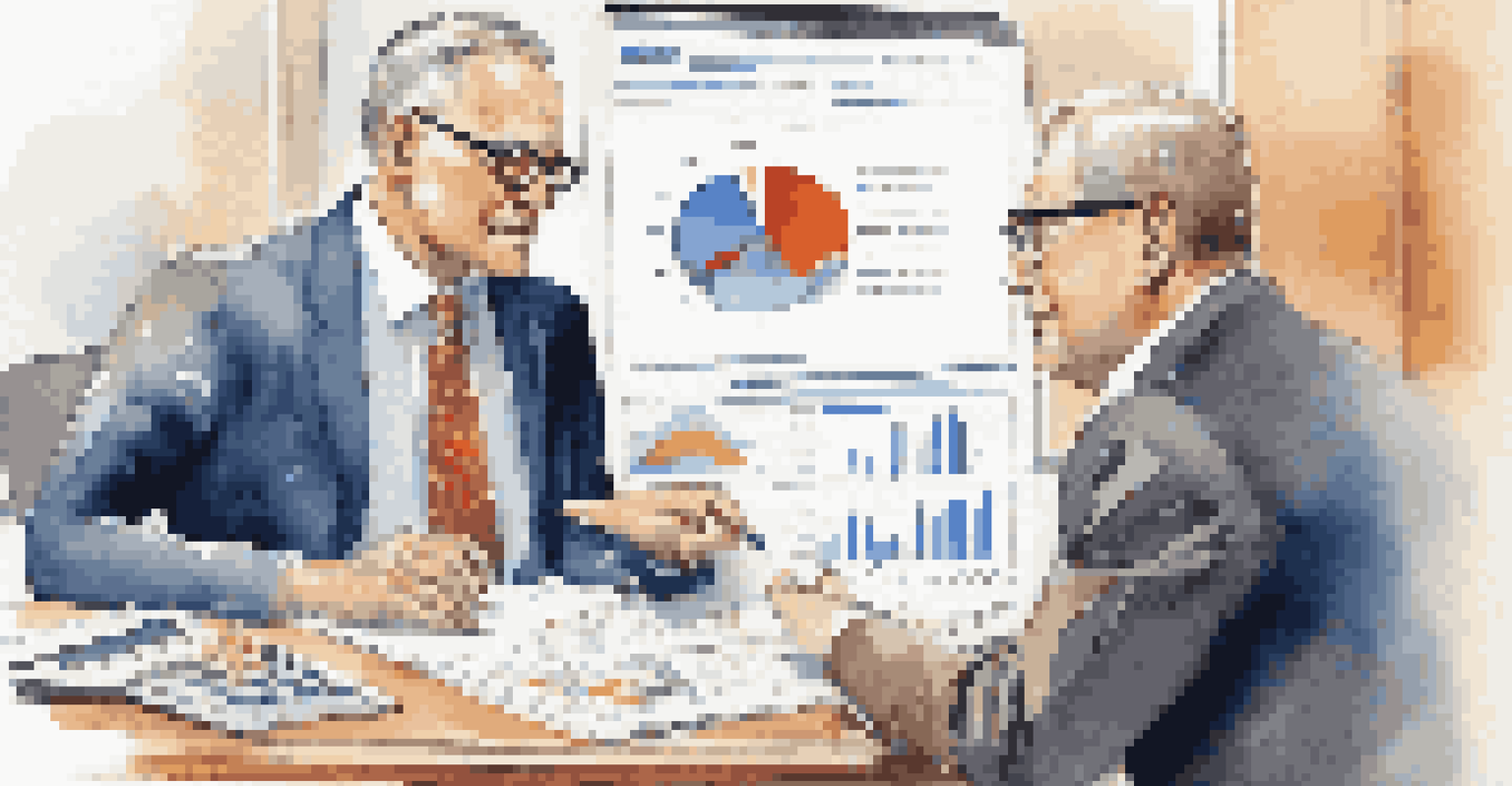 A financial advisor explaining pension plans to a client over a table with financial charts and a laptop.