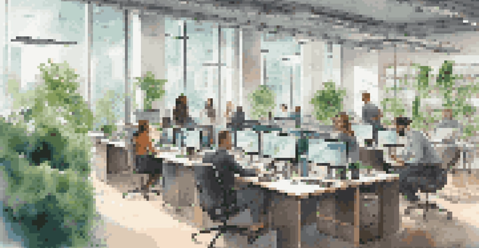 A modern FinTech startup office with diverse professionals working together, surrounded by laptops and greenery under bright natural light.