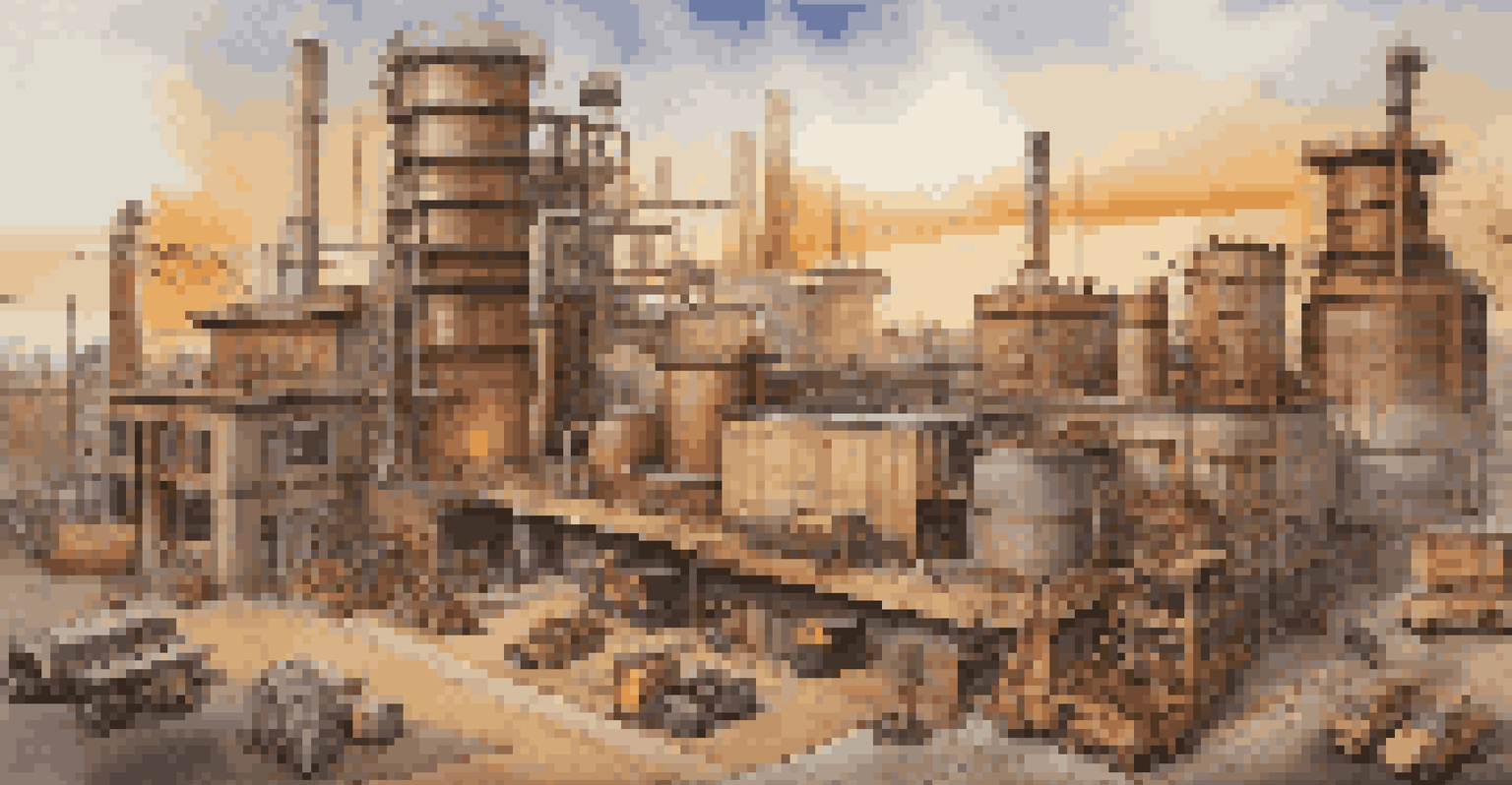 An artistic representation of fixed assets like machinery and buildings, arranged with warm colors in the background, showcasing detailed textures.