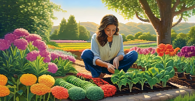 A person planting seeds in a vibrant garden, surrounded by colorful flowers and greenery, under warm sunlight.