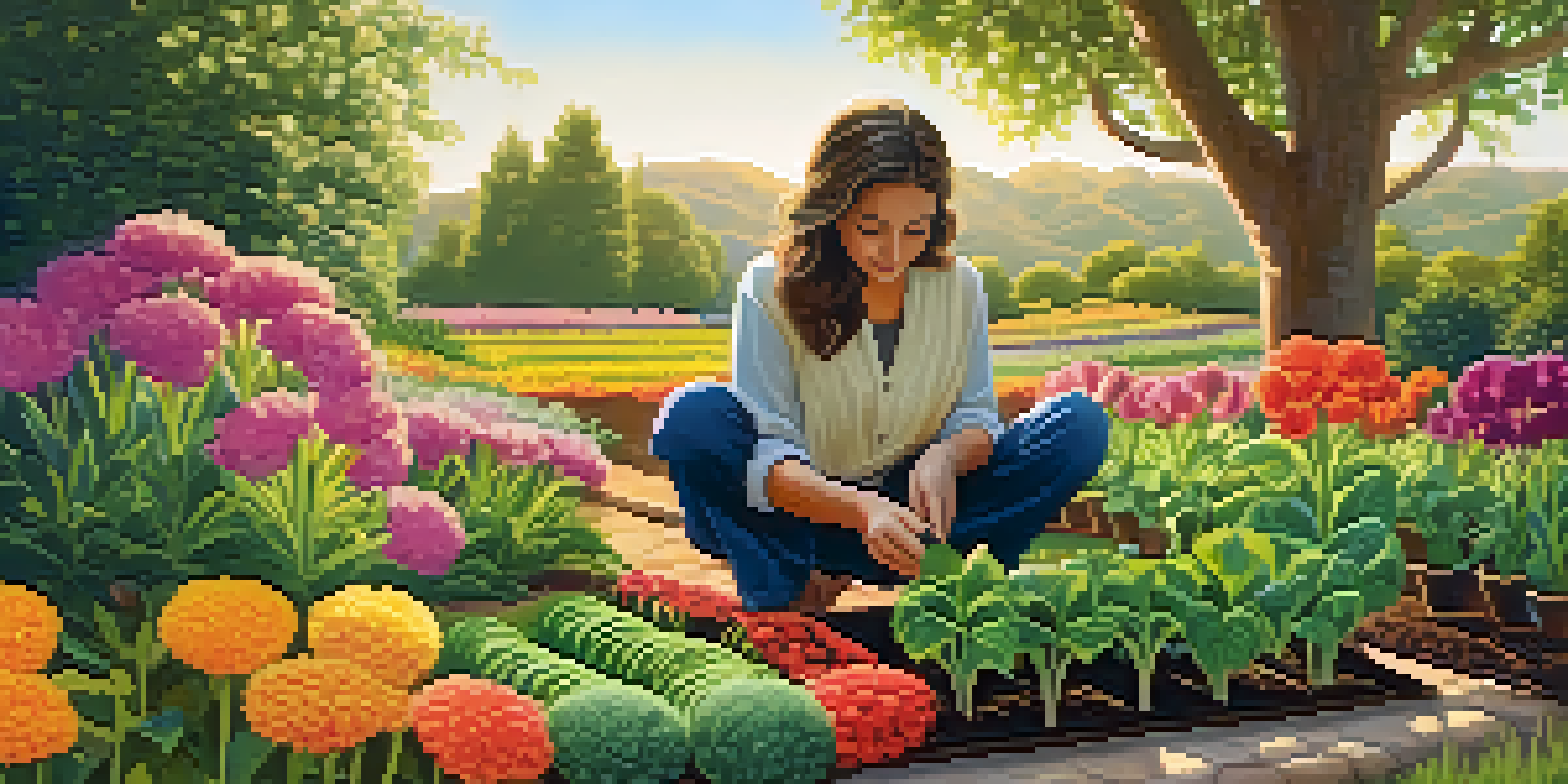A person planting seeds in a vibrant garden, surrounded by colorful flowers and greenery, under warm sunlight.