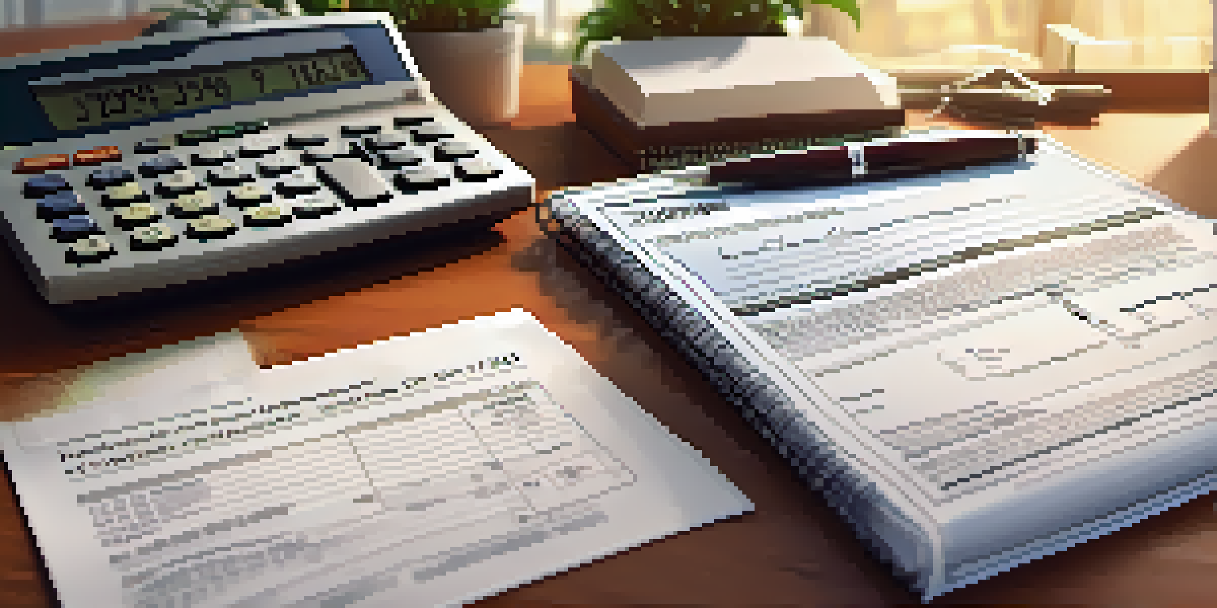 A stock option agreement document with highlighted sections on a wooden desk, accompanied by a calculator and a pen, in a well-lit setting.