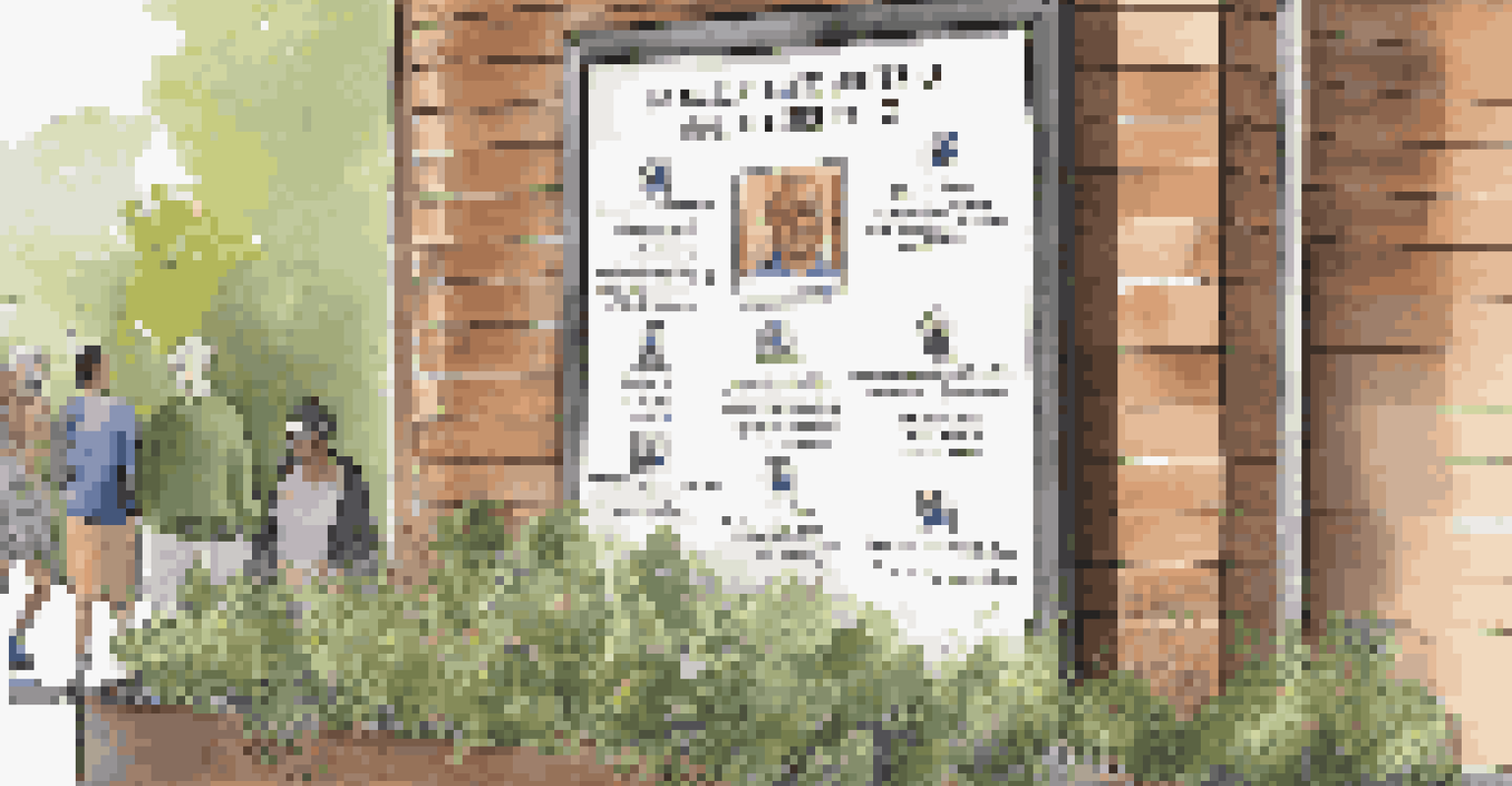Close-up of a community board in an affordable housing complex, surrounded by plants and bathed in natural light.