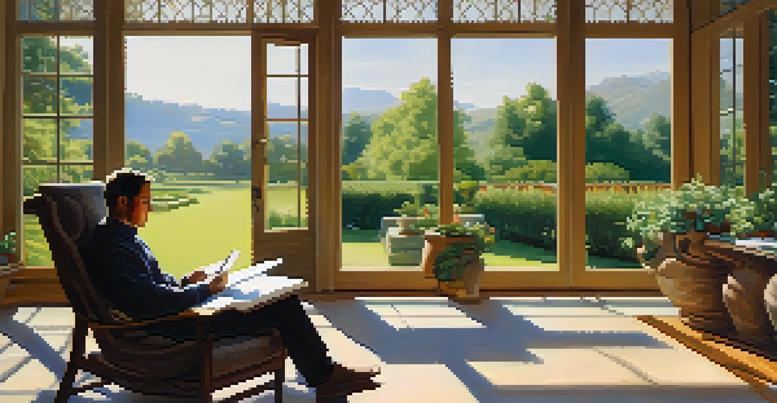 A person sitting in a chair by a window with a notebook and pen, overlooking a sunny garden outside.