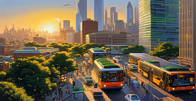 A city skyline with modern buildings and green spaces, under a sunset sky.