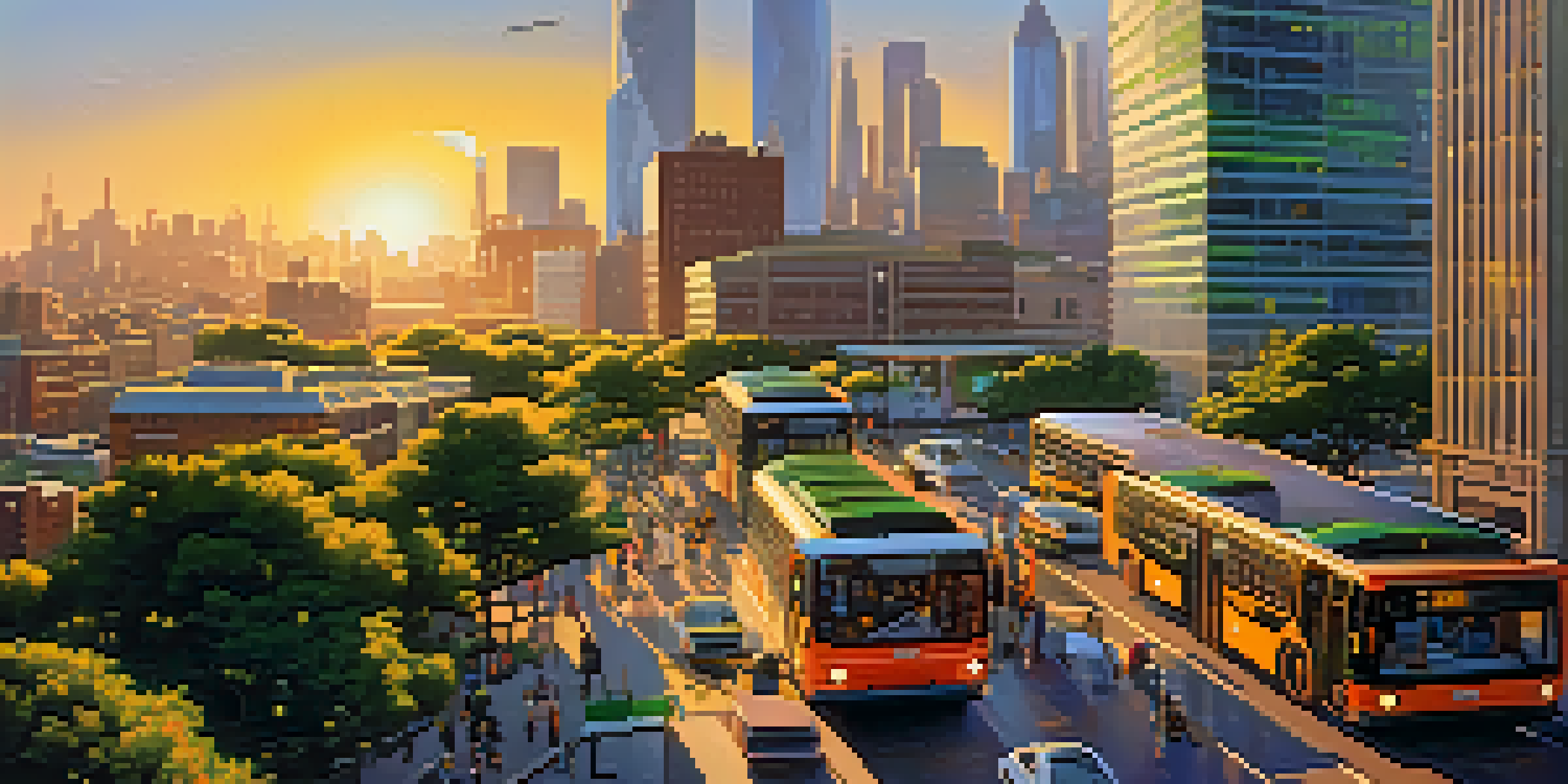 A city skyline with modern buildings and green spaces, under a sunset sky.