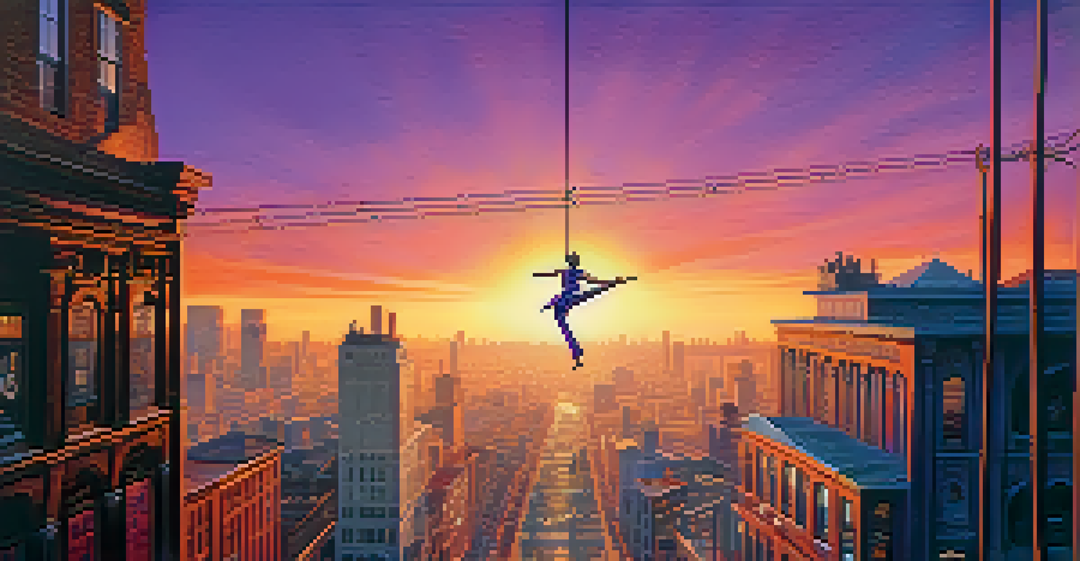 A tightrope walker balancing between regulation and market freedom against a sunset sky.