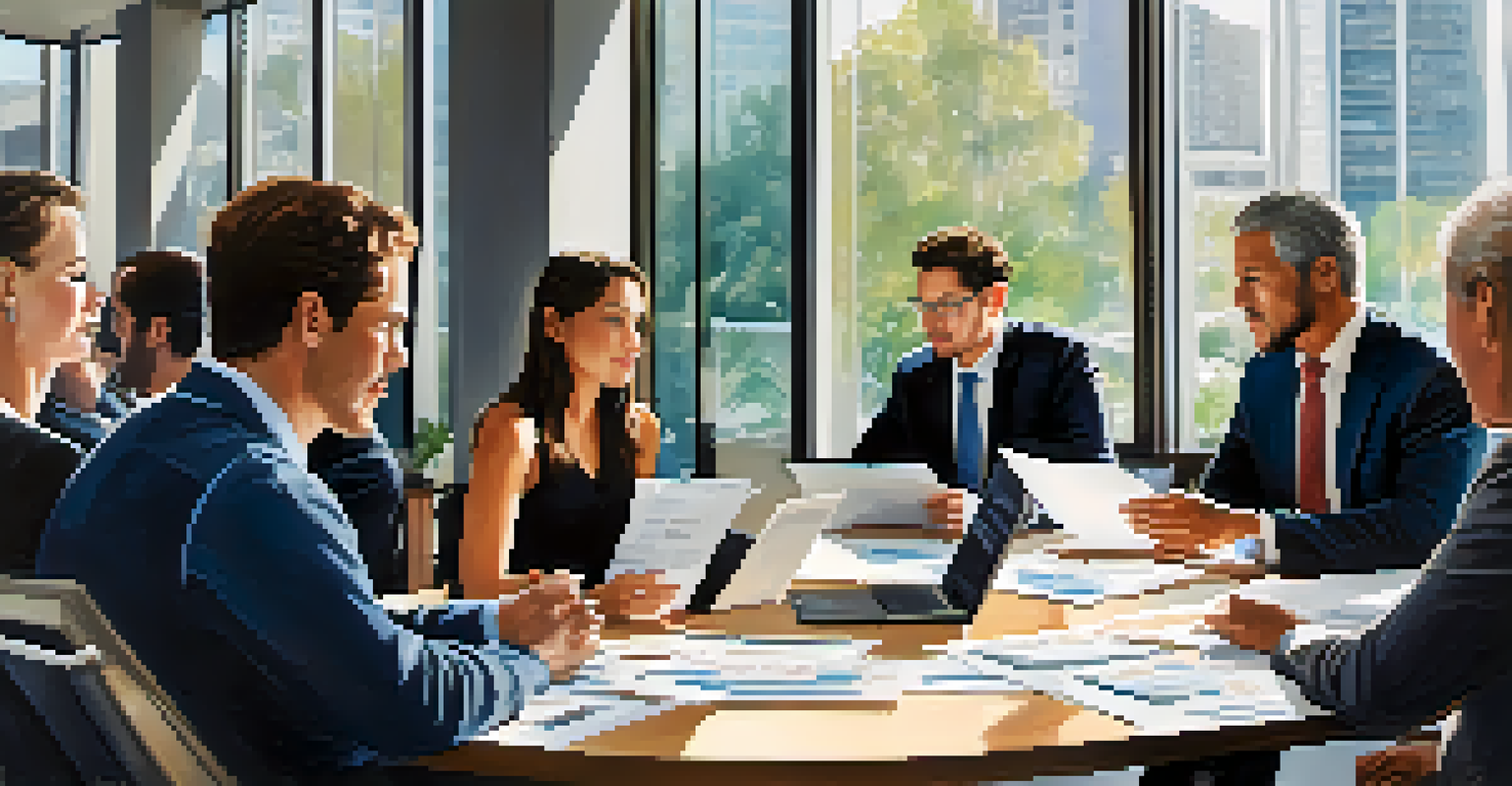 A diverse group of professionals in a business meeting, discussing strategies with documents and laptops on the table.