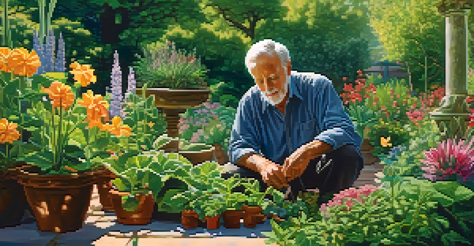 An older man tending a colorful and vibrant garden, representing a diverse investment portfolio.