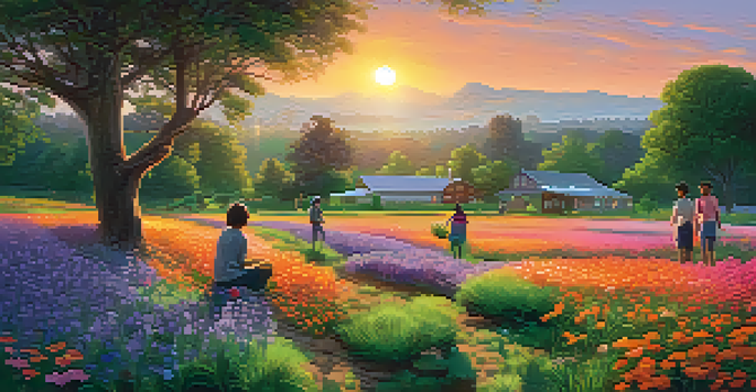 A diverse group of individuals planting seeds in a community garden at sunset, surrounded by colorful wildflowers and a vibrant sky.