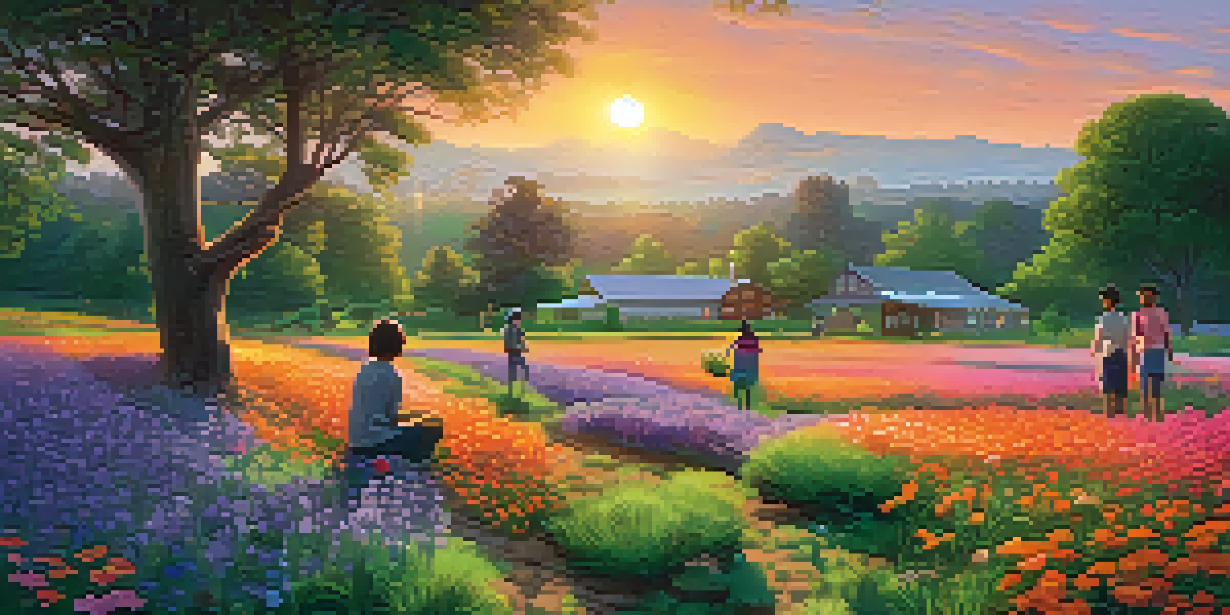 A diverse group of individuals planting seeds in a community garden at sunset, surrounded by colorful wildflowers and a vibrant sky.