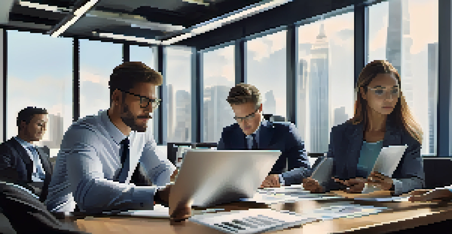 A group of diverse investors collaborating over tablets and laptops in a bright office setting.