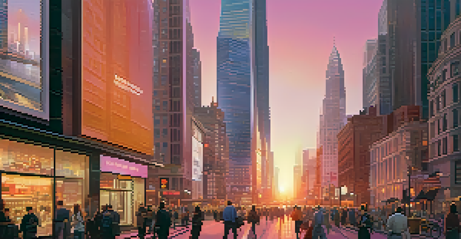 A city skyline at sunset with busy streets and illuminated buildings, showcasing financial activity.