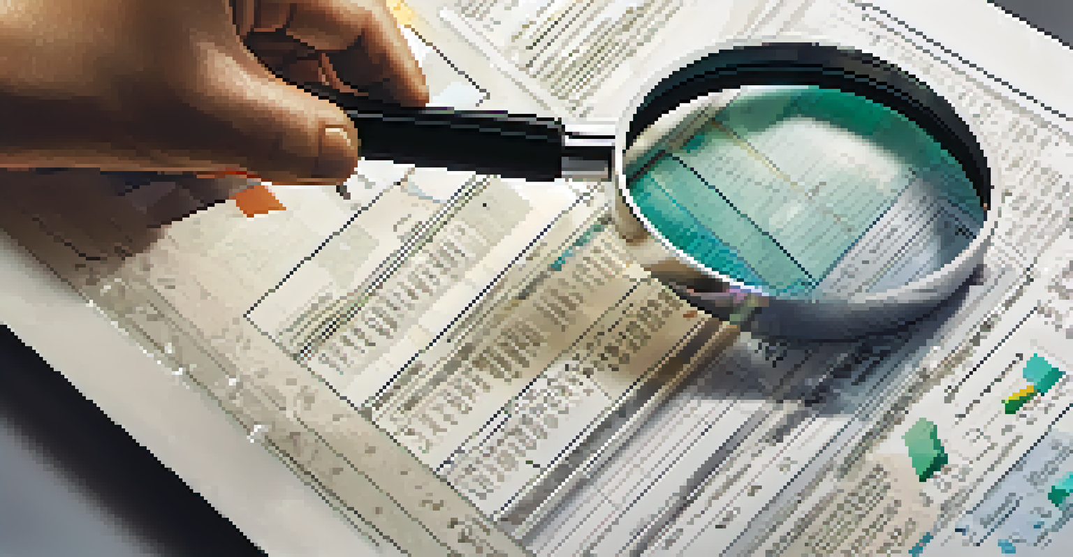 A hand holding a magnifying glass over financial graphs and documents.