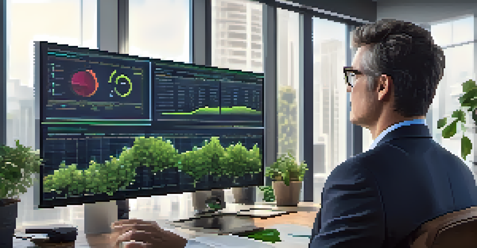 An investor in a modern office analyzing data on a large screen showing performance charts.