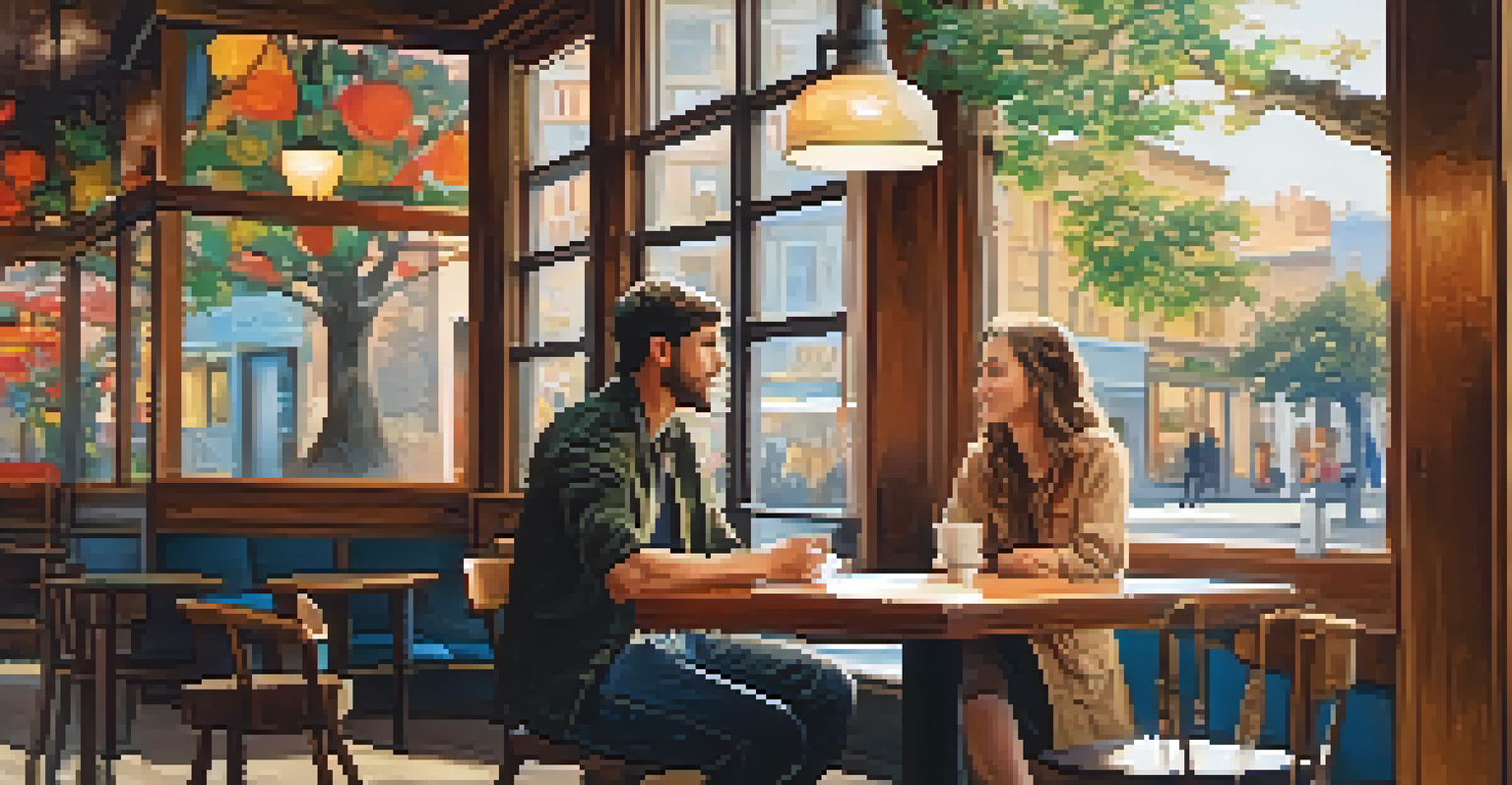 A young man and woman are seated at a table in a coffee shop, engaged in a discussion with coffee cups and notebooks in front of them.