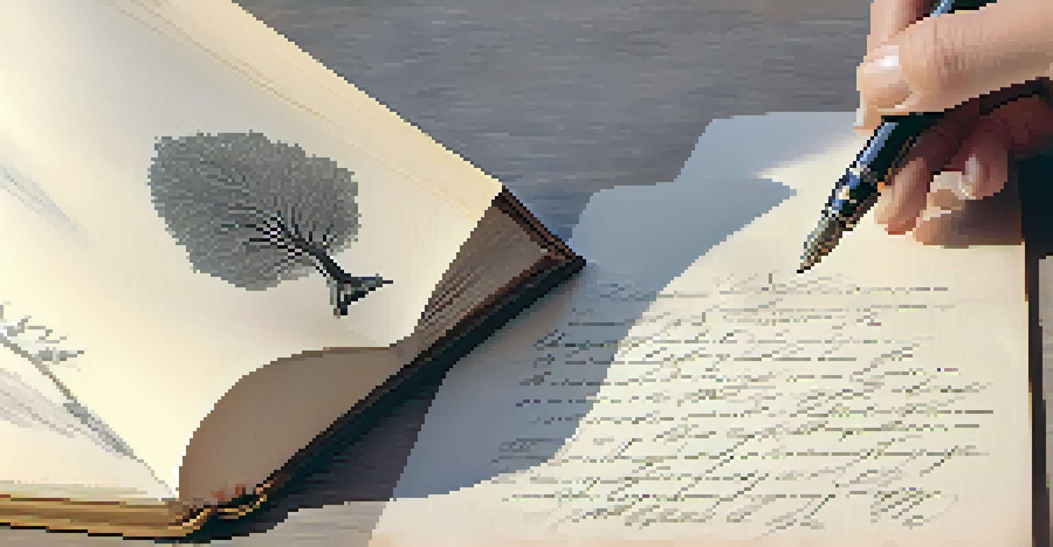 A close-up of a hand writing in a journal about legacy wishes, with a blurred family tree in the background.
