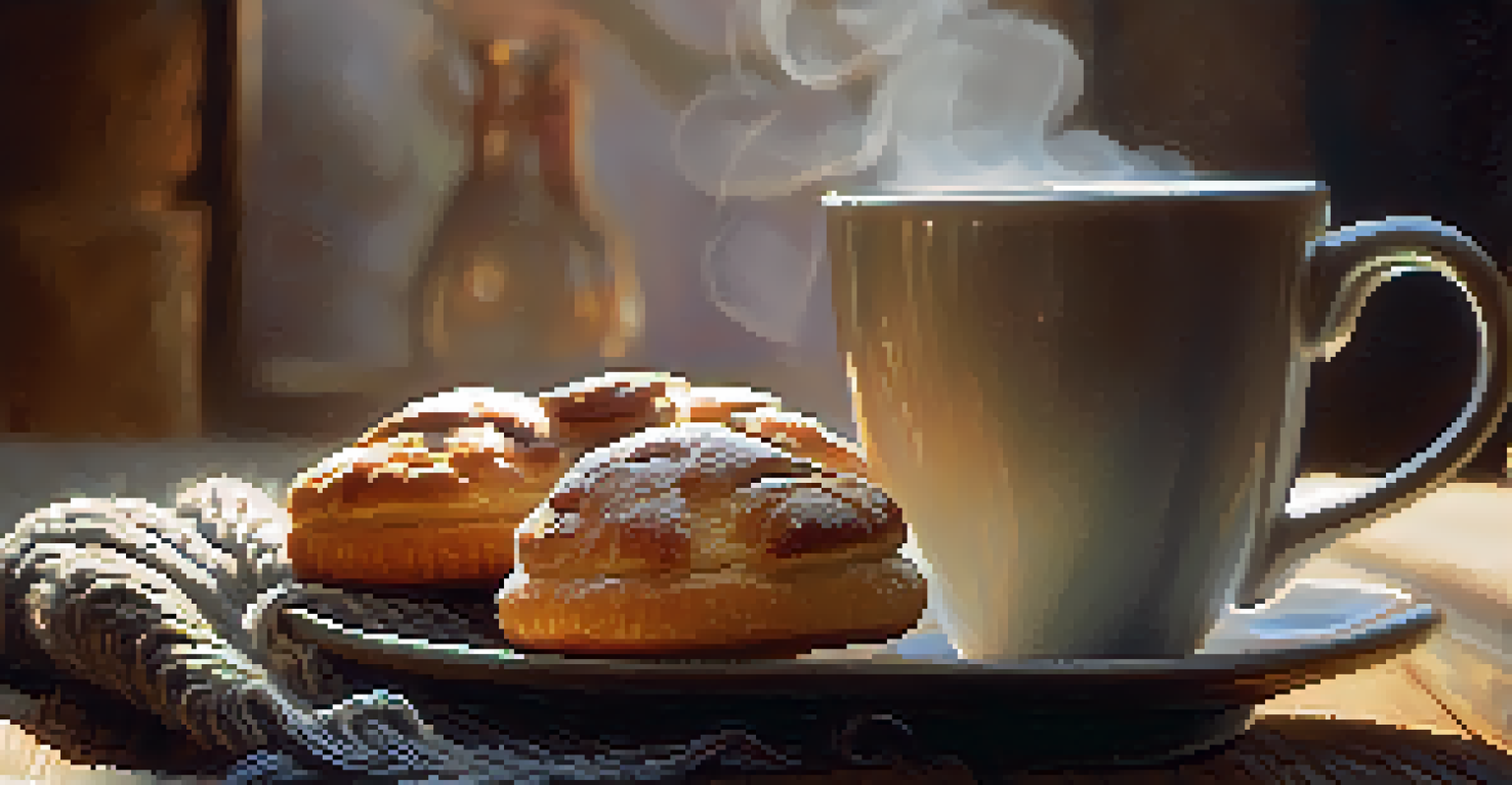 A close-up of a steaming cup of coffee next to assorted pastries on a rustic wooden table, illuminated by soft morning light.
