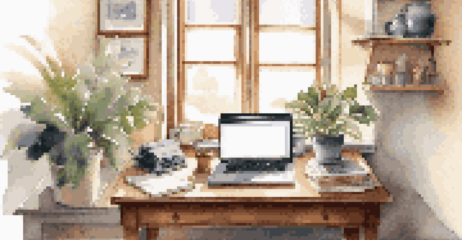 A stylish workspace with a wooden desk, laptop, potted plant, and an open notebook, bathed in soft natural light.