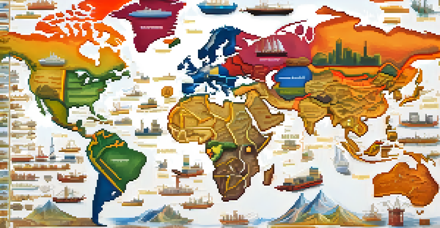 A global map showing commodity trade routes with colorful icons for oil, grains, and metals, illustrating global market interconnections.