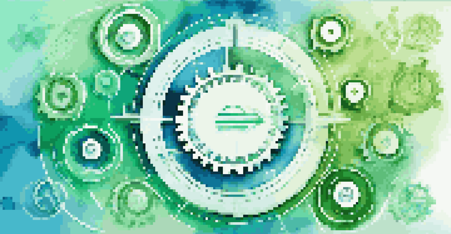 An abstract design showing continuous improvement with gears and graphs on a blue and green background.