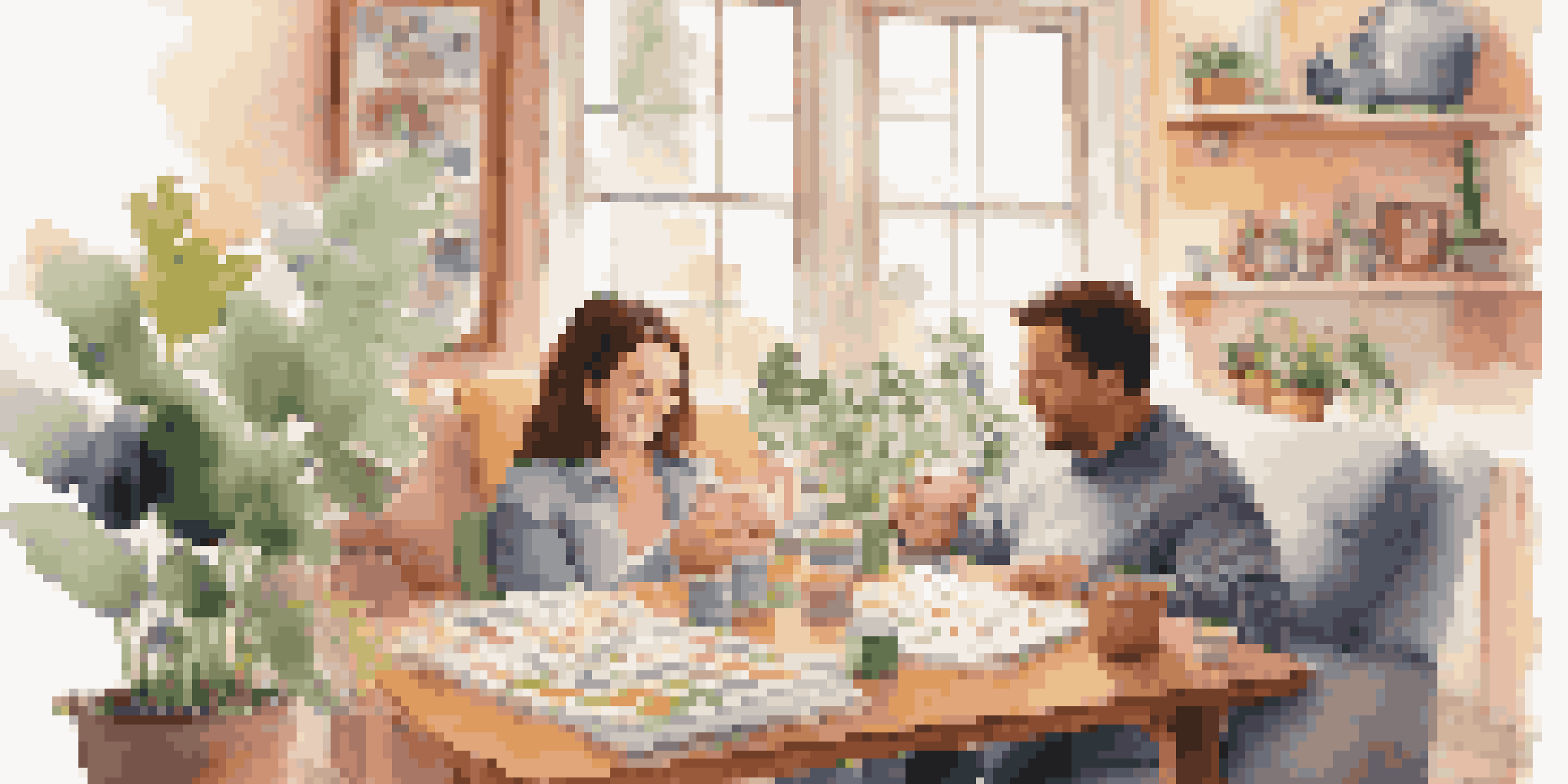 A parent and child working together on a budget at a table in a cozy living room, with charts and a piggy bank.