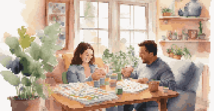 A parent and child working together on a budget at a table in a cozy living room, with charts and a piggy bank.