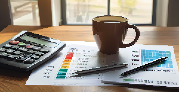 A close-up of a credit report on a wooden desk, with a calculator, pen, and coffee cup, featuring colorful charts and graphs in soft natural light.