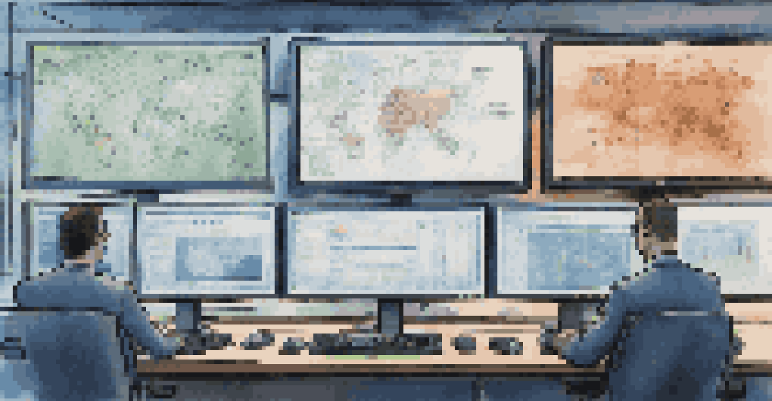 A detailed view of cybersecurity measures in a hedge fund with monitors showing security protocols.