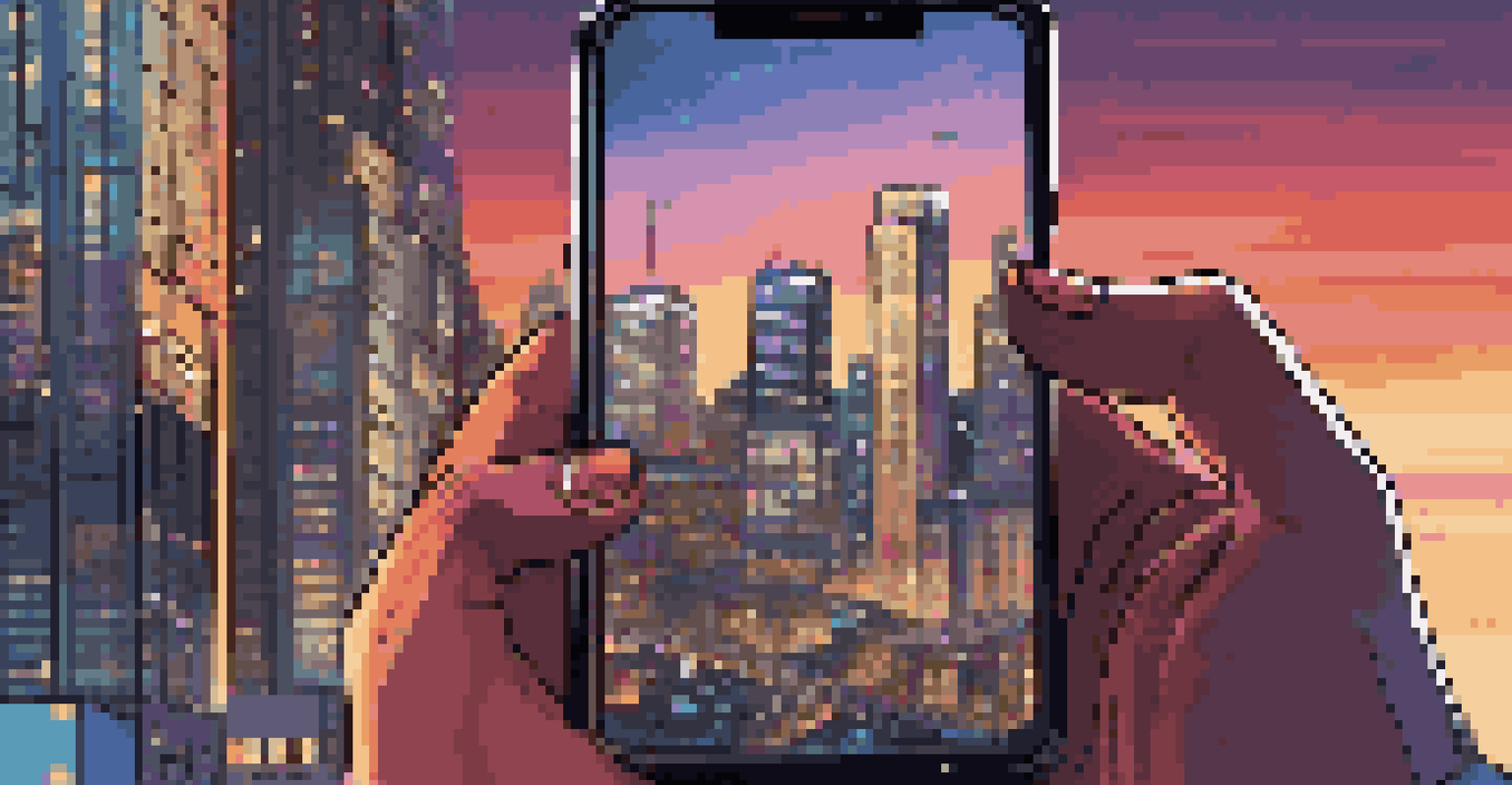 A close-up of a hand holding a smartphone with a stock trading app, against a vibrant cityscape at dusk.