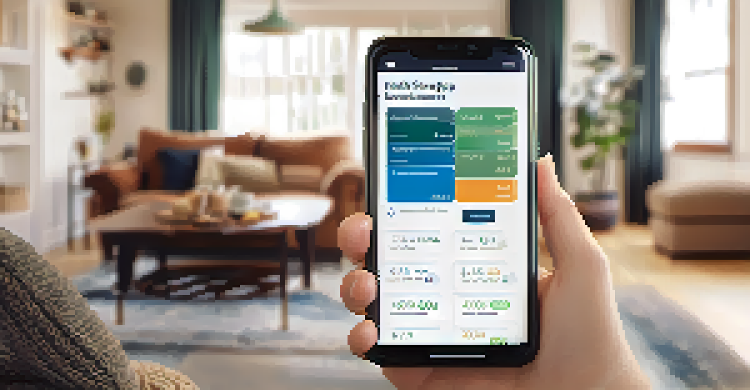 Close-up of hands using a smartphone with a health savings account app, set against a cozy living room background.