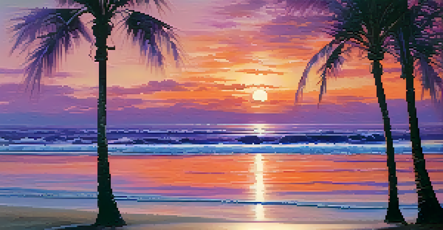 A tranquil beach at sunset with palm trees and colorful sky reflecting on the water.
