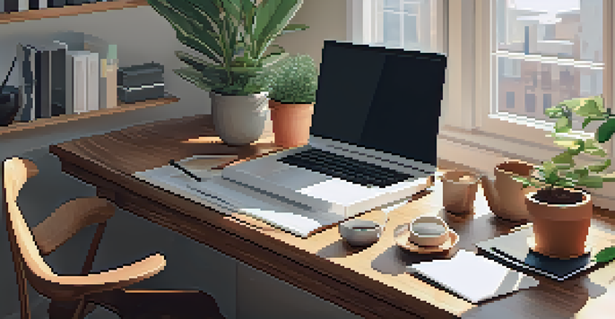 Cozy home office with a wooden desk, laptop, potted plant, and warm natural light.