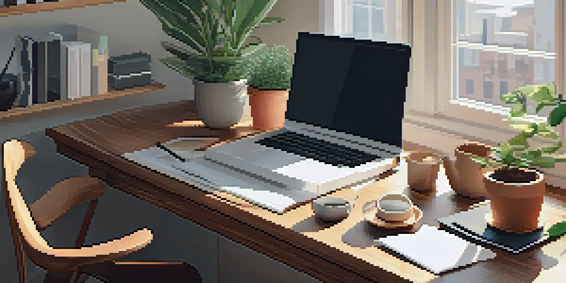 Cozy home office with a wooden desk, laptop, potted plant, and warm natural light.