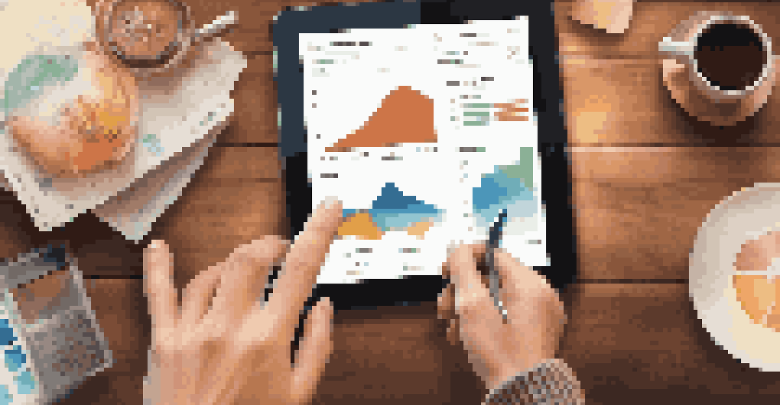Close-up of hands using a tablet with financial graphs in a cozy coffee shop.