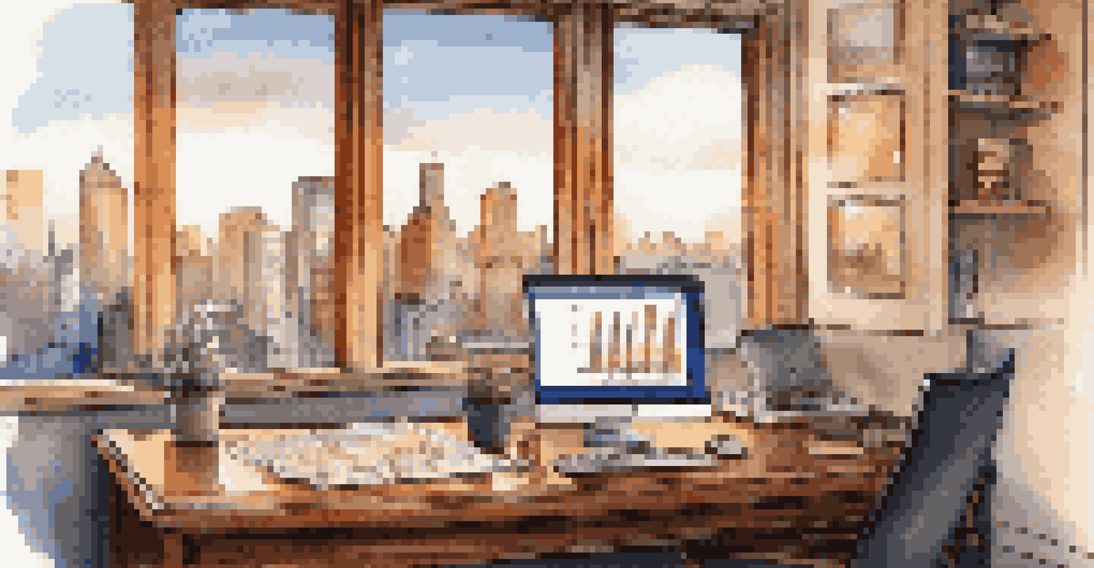 A sophisticated office space with a wooden desk, laptop displaying financial charts, and a city skyline view through the window.