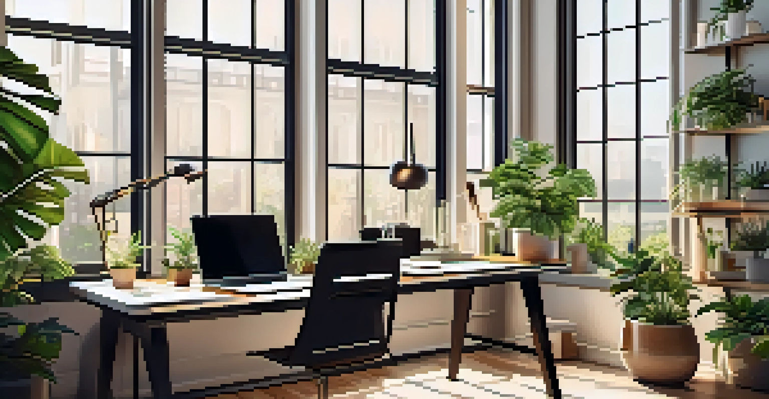A modern office interior with a desk, laptop, and plants, illuminated by natural sunlight from large windows.