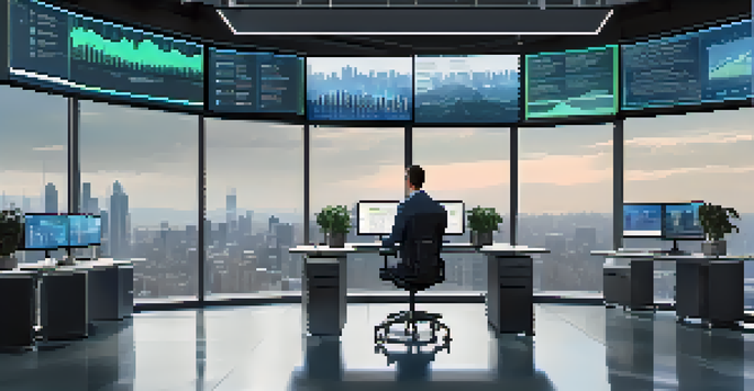 A person working in a modern digital finance workspace with multiple screens displaying financial data, illuminated by natural light and a city skyline in the background.
