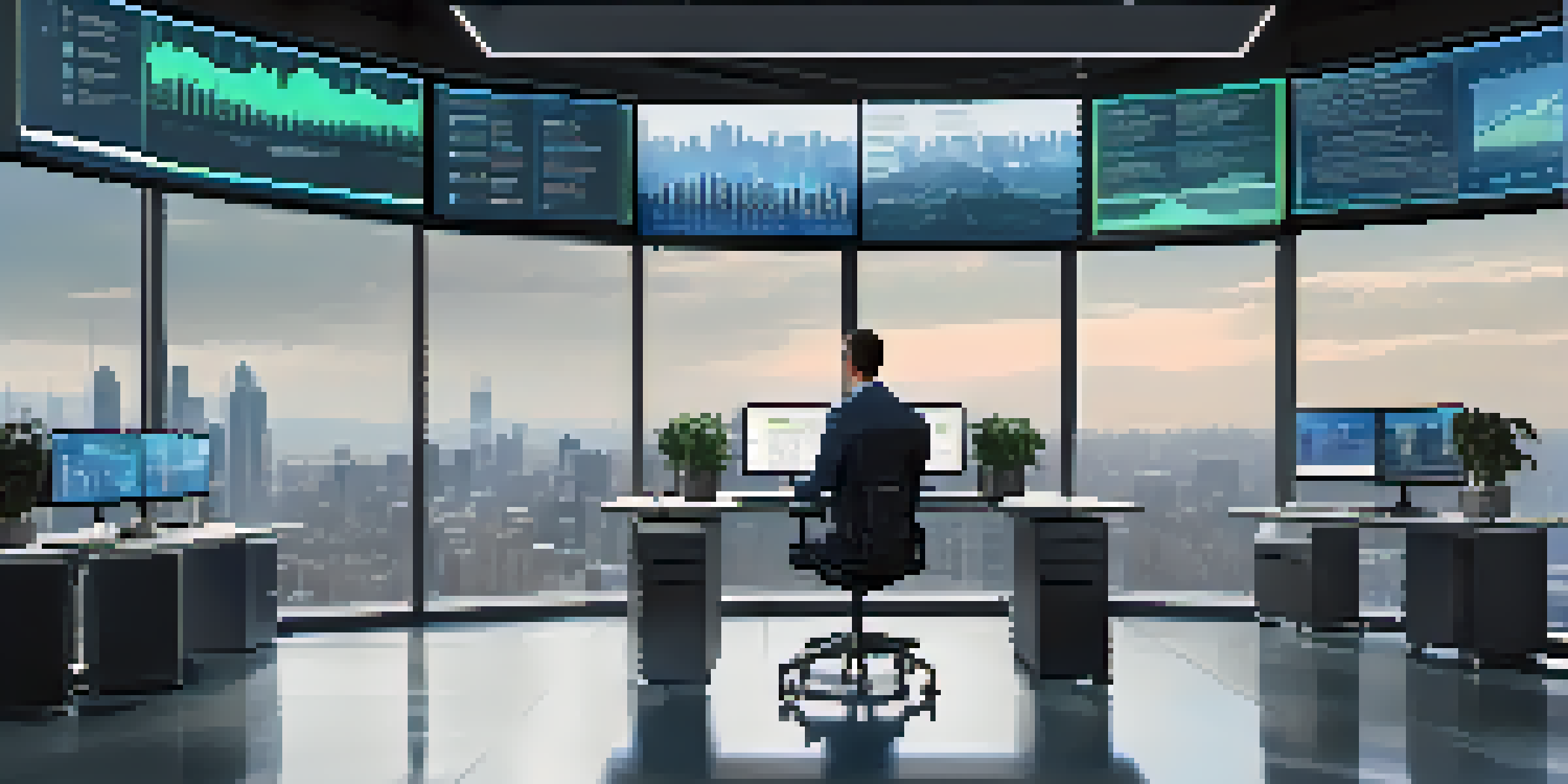 A person working in a modern digital finance workspace with multiple screens displaying financial data, illuminated by natural light and a city skyline in the background.