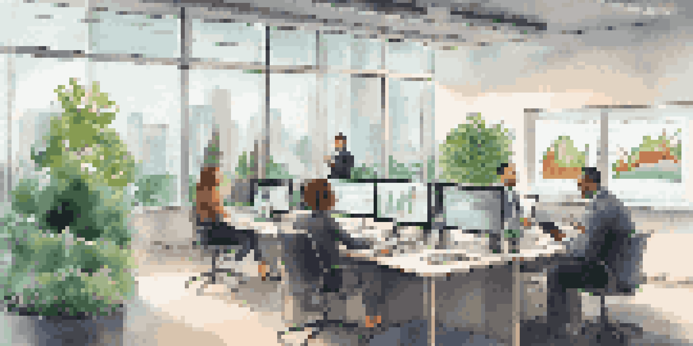A diverse group of professionals discussing interest rates and economic graphs in a modern office environment with bright lighting and plants.