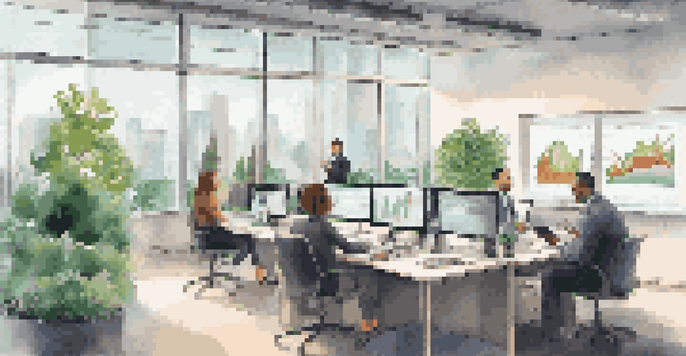 A diverse group of professionals discussing interest rates and economic graphs in a modern office environment with bright lighting and plants.