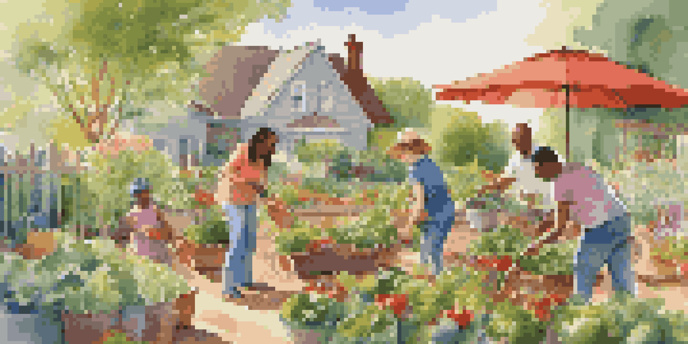 A family enjoying gardening together, planting vegetables in a colorful garden under a sunny sky.