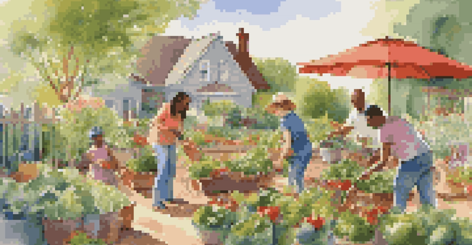 A family enjoying gardening together, planting vegetables in a colorful garden under a sunny sky.