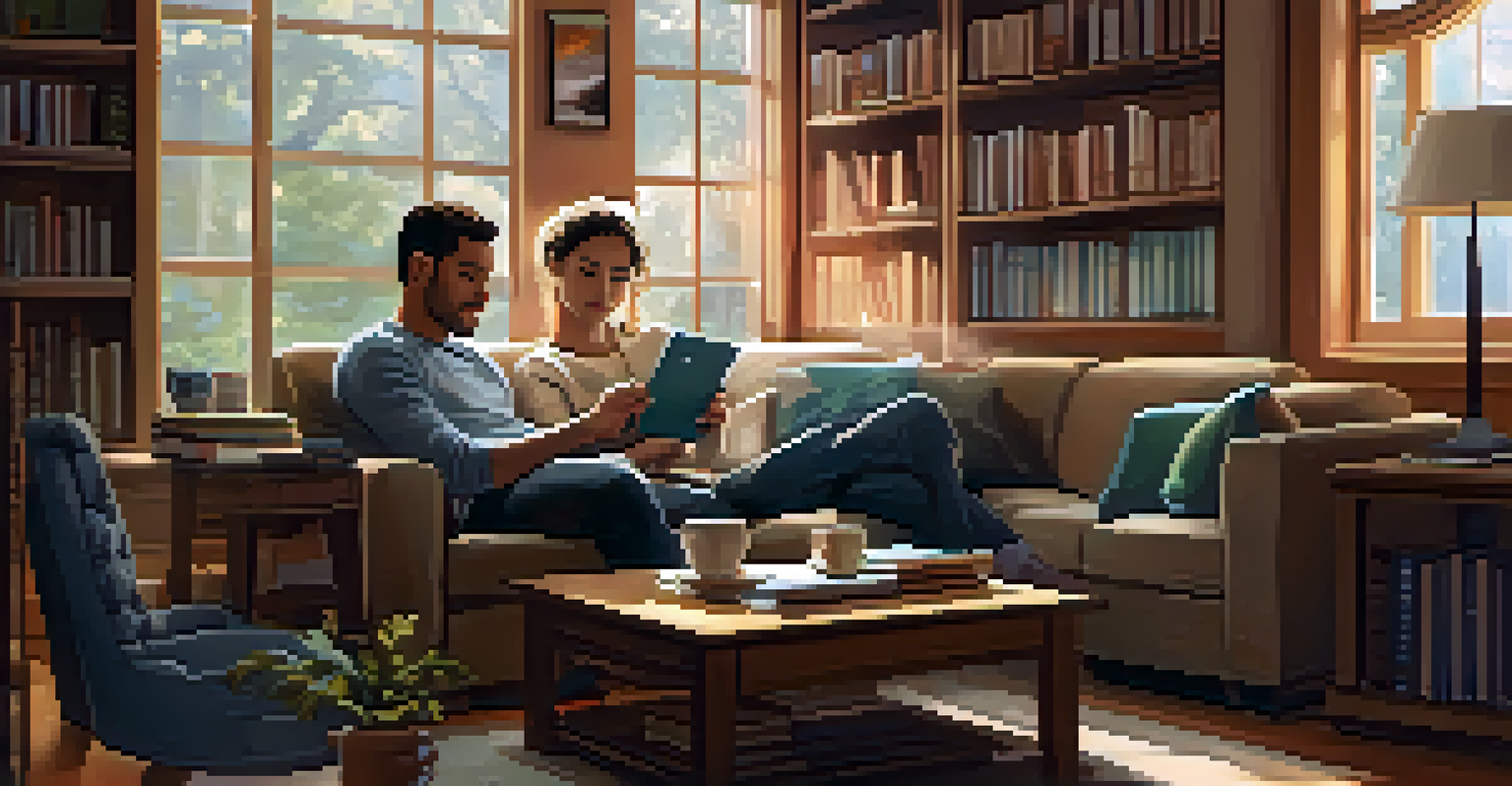 A couple planning their finances together on a couch with a tablet and a notepad, in a cozy living room setting.