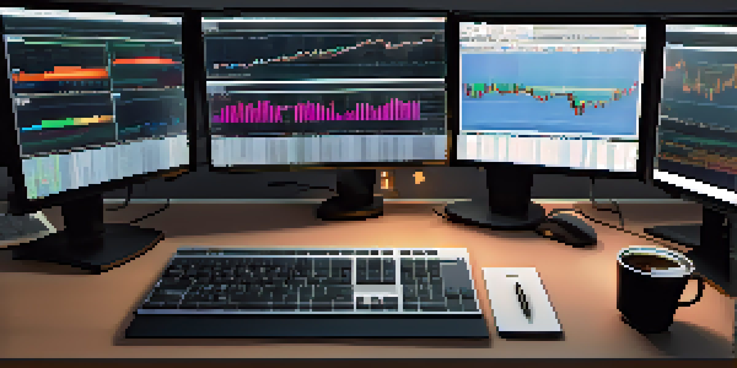 A financial trading desk featuring multiple monitors with colorful stock charts and data. The scene is illuminated with warm lighting, and there is a coffee cup and notepad visible in the front.