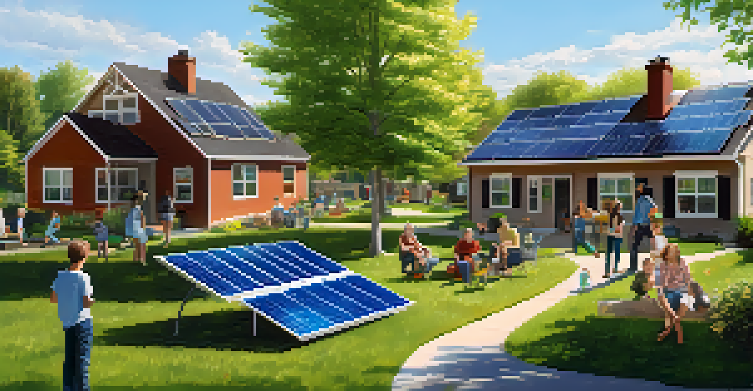 A community solar project with multiple houses around a shared solar array, families engaged in outdoor activities.
