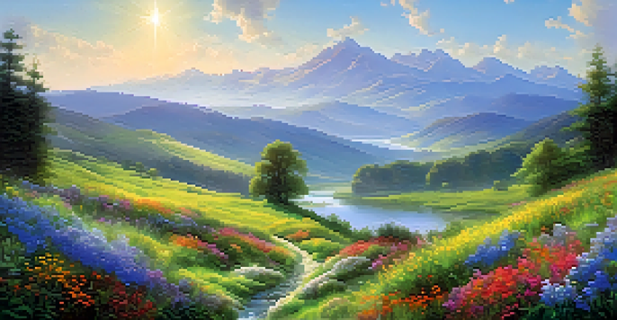 A peaceful valley landscape with a winding river, wildflowers in the foreground, and distant misty mountains under a bright blue sky.