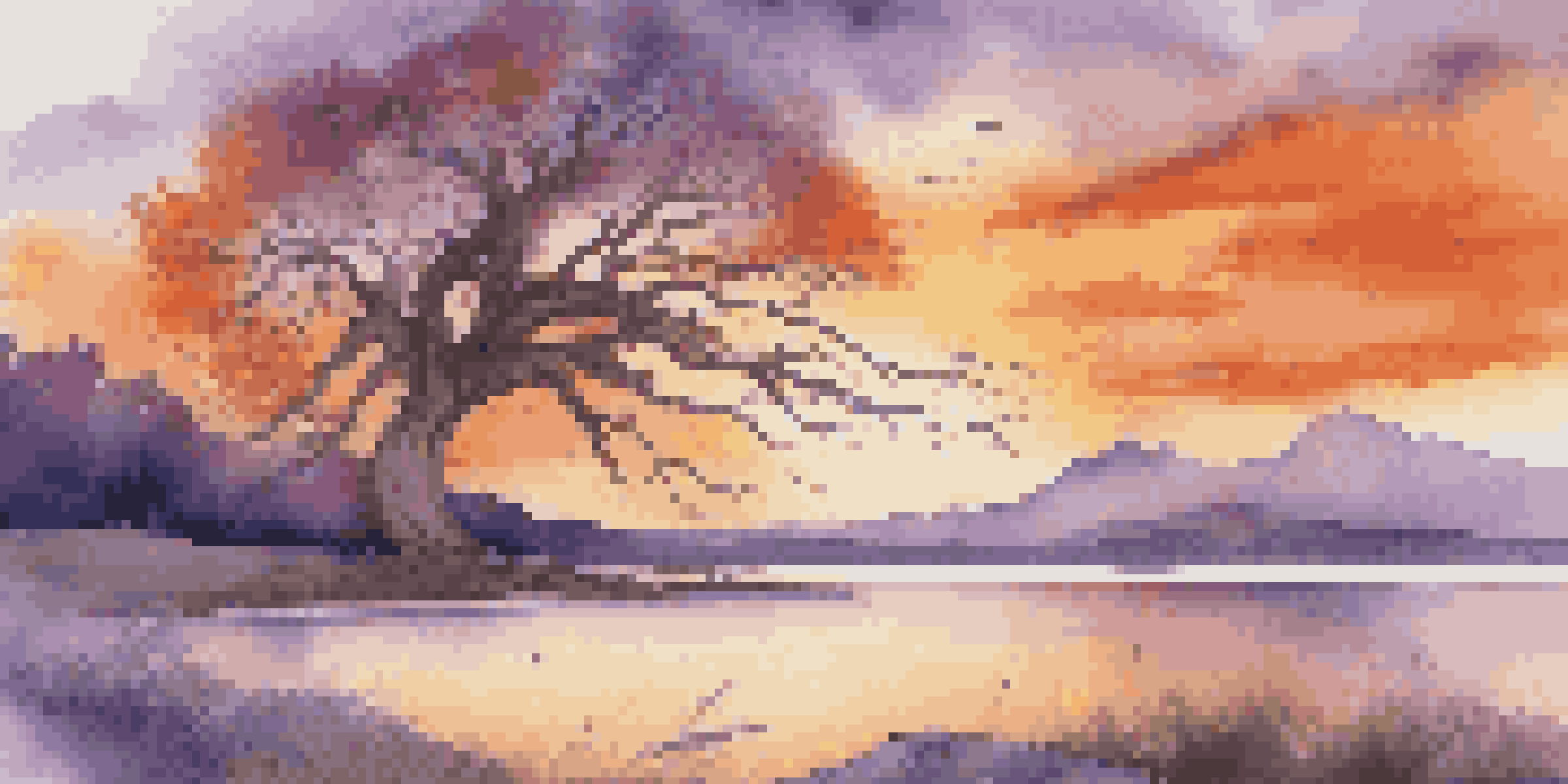 A peaceful landscape with a bending tree at sunset, financial symbols like coins and bills integrated into nature.