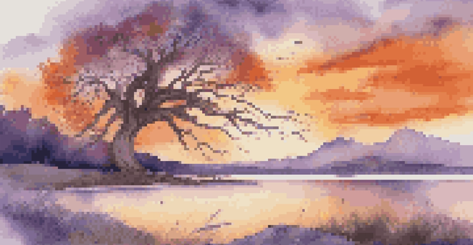 A peaceful landscape with a bending tree at sunset, financial symbols like coins and bills integrated into nature.