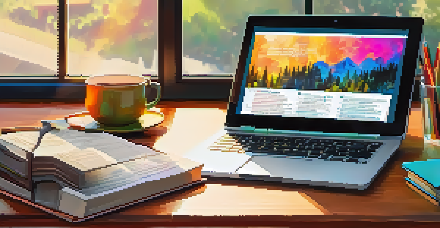 A home office desk with financial books, a laptop showing market graphs, and a coffee cup, bathed in natural light.